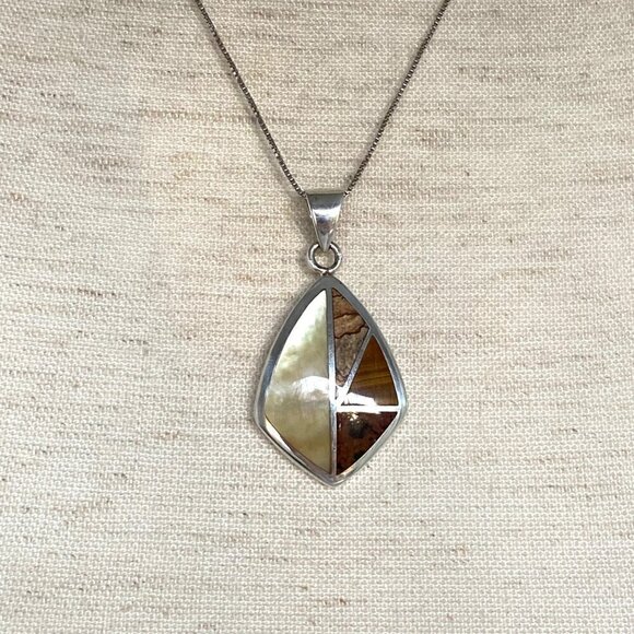 Sterling Silver 925 Mother Of Pearl Jasper Tigers Eye Inlay Pendants Necklace - Picture 7 of 16